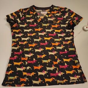 White Cross Women's Med Dachshund Wiener Dog Scrub Top